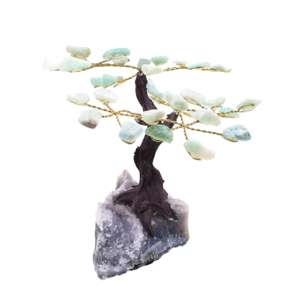 Handmade 11cm tree with leaves of natural, polished amazonite gemstones and natural, raw amethyst gemstone base.
