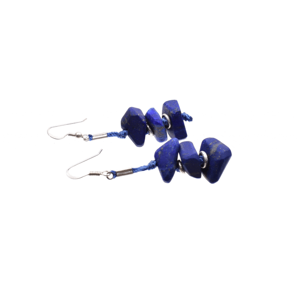 Handmade long earrings made of natural, irregular shaped lapis lazuli gemstones and sterling silver.