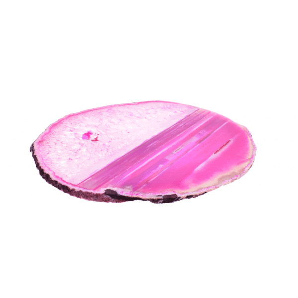 Polished 20cm slice of natural, pink agate gemstone with crystal quartz.