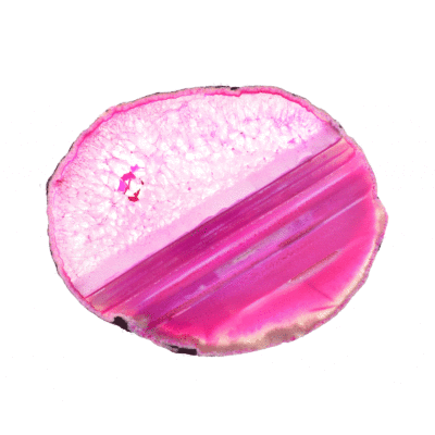 Polished 20cm slice of natural, pink agate gemstone with crystal quartz. 