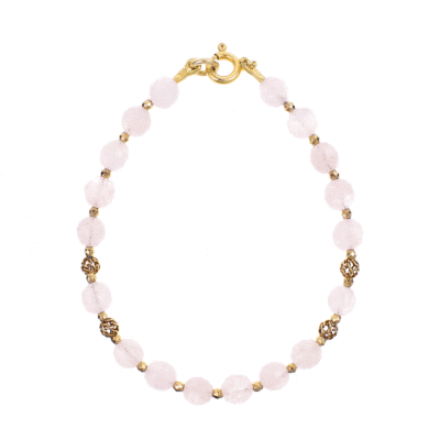 Handmade bracelet with natural, spherical shaped morganite and pyrite gemstones and gold plated sterling silver elements.