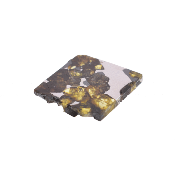 Authentic Seymchan meteorite from Russia, measuring approximately 2cm, with unique green olivine crystals and impressive Widmanstätten pattern.