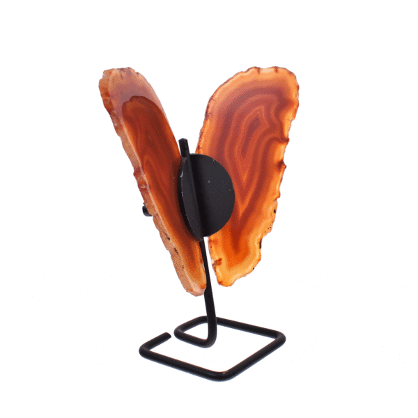 Butterfly with wings of polished slices of natural brown agate gemstone and black metallic body. The butterfly has a height of 14m.
