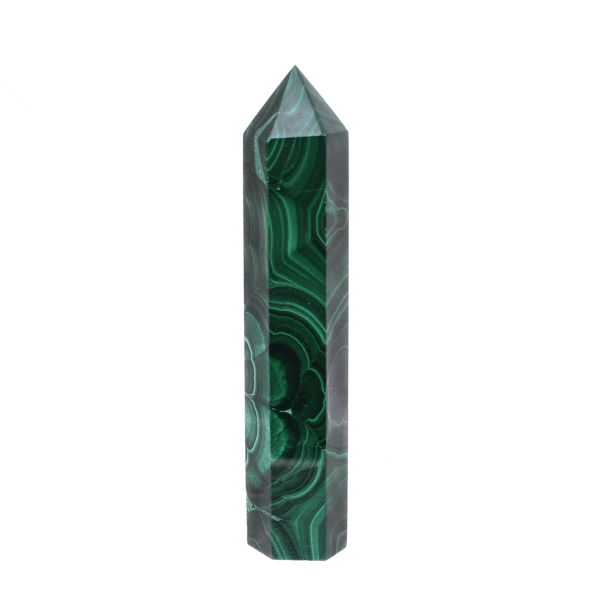 Polished 8cm point made from natural malachite gemstone.