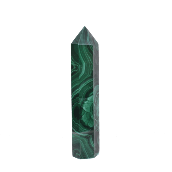 Polished 8cm point made from natural malachite gemstone.