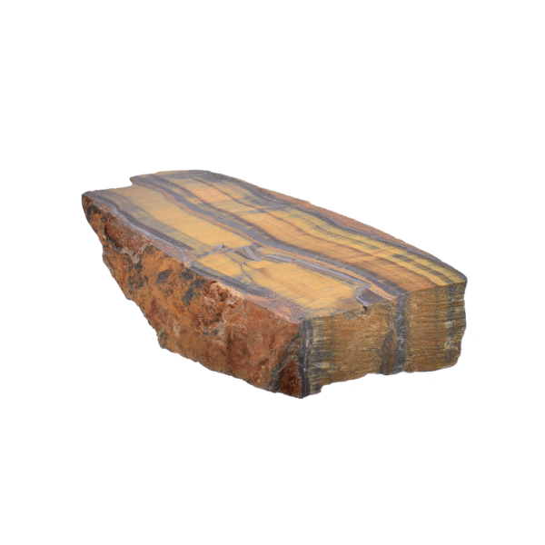 Raw natural Tiger's Eye stone with a polished side, measuring 11.5 cm. Ideal for enhancing self-esteem, personal strength, and protection. Activates the Solar Plexus Chakra and provides strong support in strengthening your inner power.