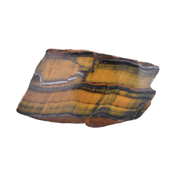 Raw natural Tiger's Eye stone with a polished side, measuring 11.5 cm. Ideal for enhancing self-esteem, personal strength, and protection. Activates the Solar Plexus Chakra and provides strong support in strengthening your inner power.