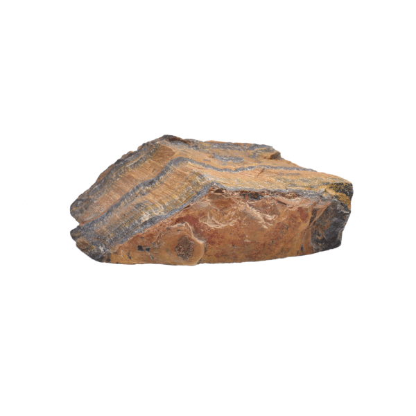 Raw natural Tiger's Eye stone with a polished side, measuring 11.5 cm. Ideal for enhancing self-esteem, personal strength, and protection. Activates the Solar Plexus Chakra and provides strong support in strengthening your inner power.