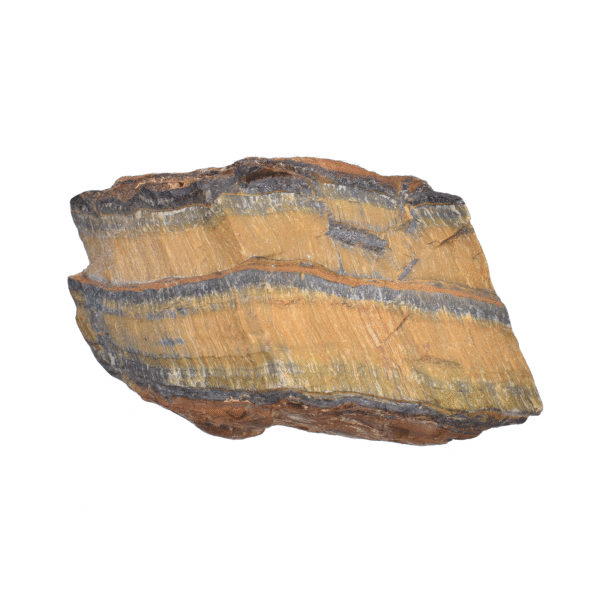 Raw natural Tiger's Eye stone with a polished side, measuring 11.5 cm. Ideal for enhancing self-esteem, personal strength, and protection. Activates the Solar Plexus Chakra and provides strong support in strengthening your inner power.