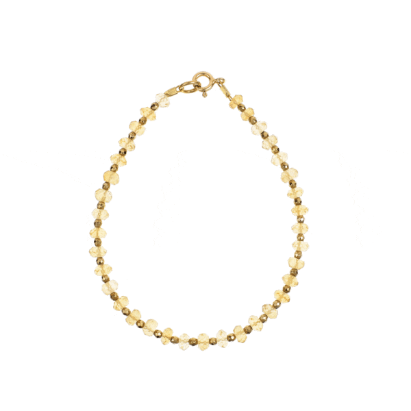 Handmade bracelet with natural, spherical shaped citrine quartz and pyrite gemstones and gold plated sterling silver clasp.
