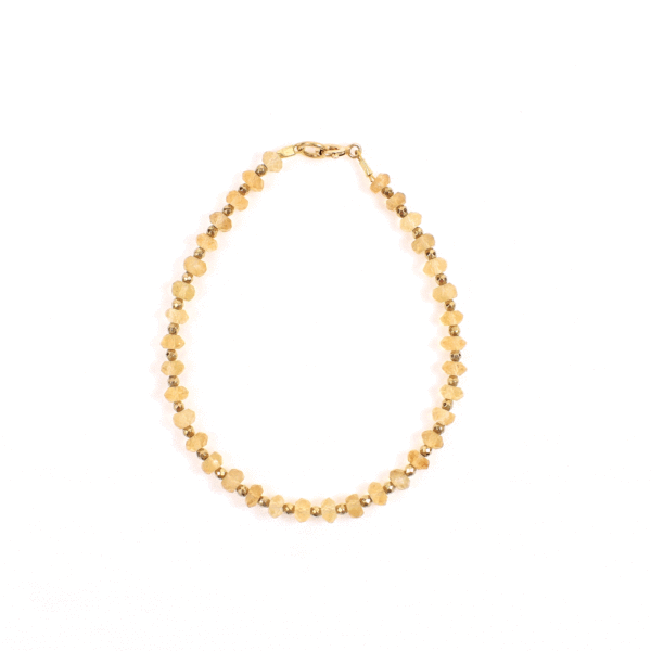 Handmade bracelet with natural, spherical shaped citrine quartz and pyrite gemstones and gold plated sterling silver clasp.