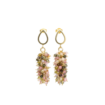 Handmade earrings made of natural, faceted, multicolored tourmaline gemstones and gold plated sterling silver. 