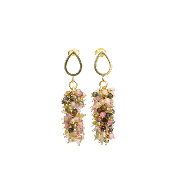 Handmade earrings made of natural, faceted, multicolored tourmaline gemstones and gold plated sterling silver. 