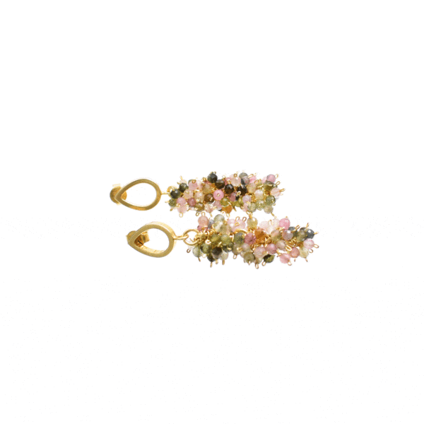 Handmade earrings made of natural, faceted, multicolored tourmaline gemstones and gold plated sterling silver. 