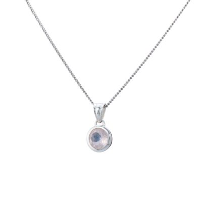 Handmade sterling silver pendant with natural, round shaped rose quartz gemstone, threaded on a sterling silver chain.