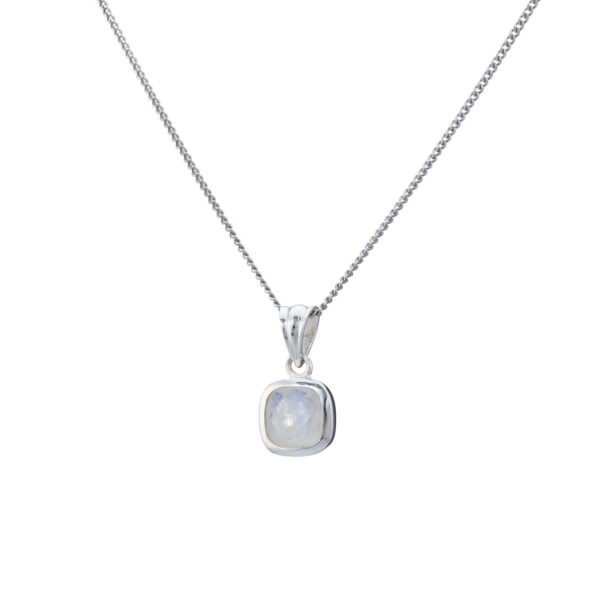 Handmade pendant made of sterling silver and natural, square shaped white labradorite gemstone. The pendant is threaded on a sterling silver chain.