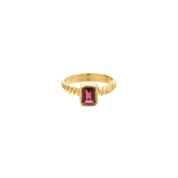 Handmade gold plated sterling silver ring with natural, paralleloram shaped pink tourmaline gemstone. 
