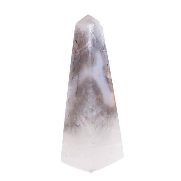 Polished 12.5cm obelisk made from natural agate gemstone with crystal quartz.