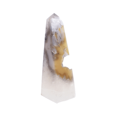 Polished 12.5cm obelisk made from natural agate gemstone with crystal quartz.