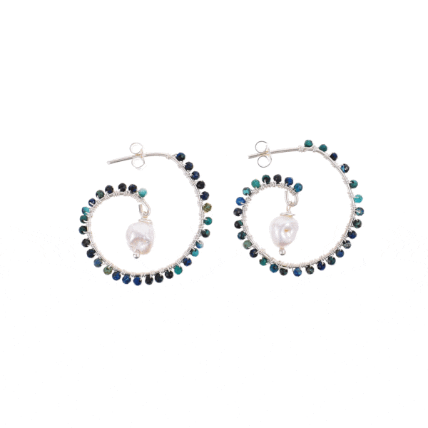 Handmade loop-style earrings made of natural spherical shaped chrysocolla gemstones, natural pearls, and sterling silver.