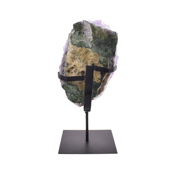 Raw 23cm piece of natural amethyst gemstone. The Amethyst comes with a black, metallic base.