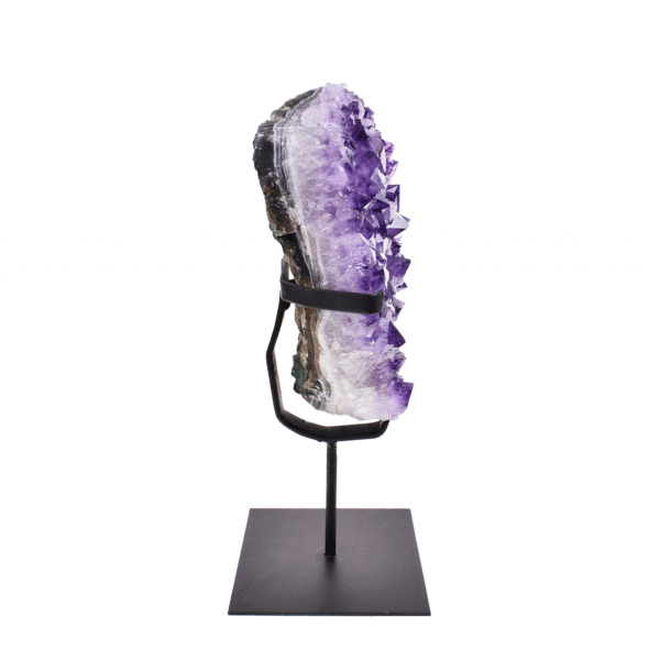 Raw 23cm piece of natural amethyst gemstone. The Amethyst comes with a black, metallic base.