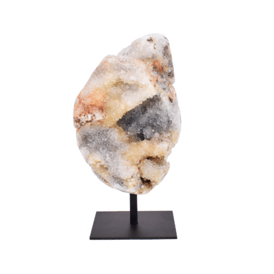 Natural 13cm agate geode gemstone with crystal quartz, embedded into a black, metallic base.