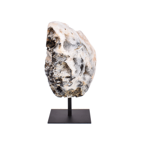 Natural 13cm agate geode gemstone with crystal quartz, embedded into a black, metallic base.