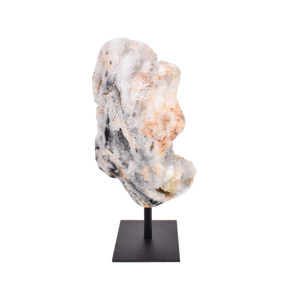 Natural 13cm agate geode gemstone with crystal quartz, embedded into a black, metallic base.