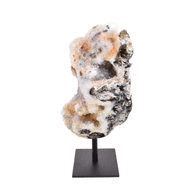 Natural 13cm agate geode gemstone with crystal quartz, embedded into a black, metallic base.