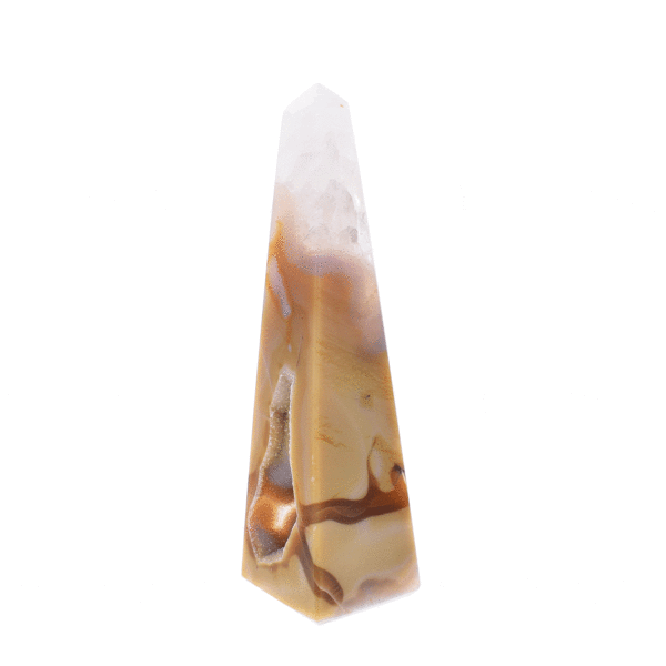 Polished 15cm obelisk made from natural agate gemstone with crystal quartz.