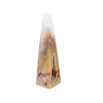 Polished 15cm obelisk made from natural agate gemstone with crystal quartz.