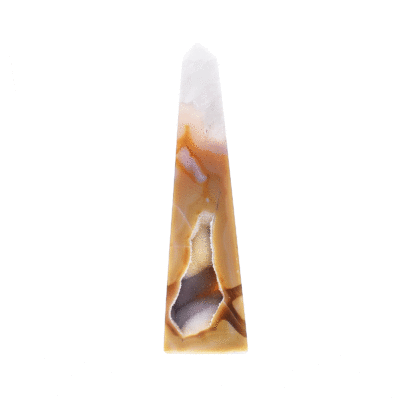 Polished 15cm obelisk made from natural agate gemstone with crystal quartz.