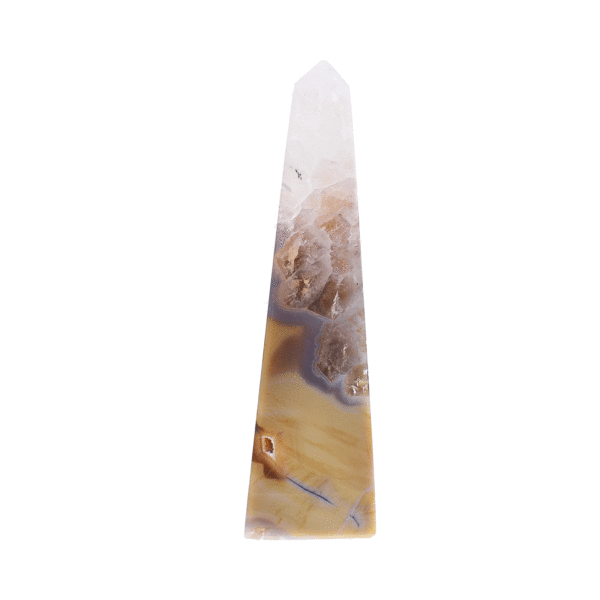 Polished 15cm obelisk made from natural agate gemstone with crystal quartz.