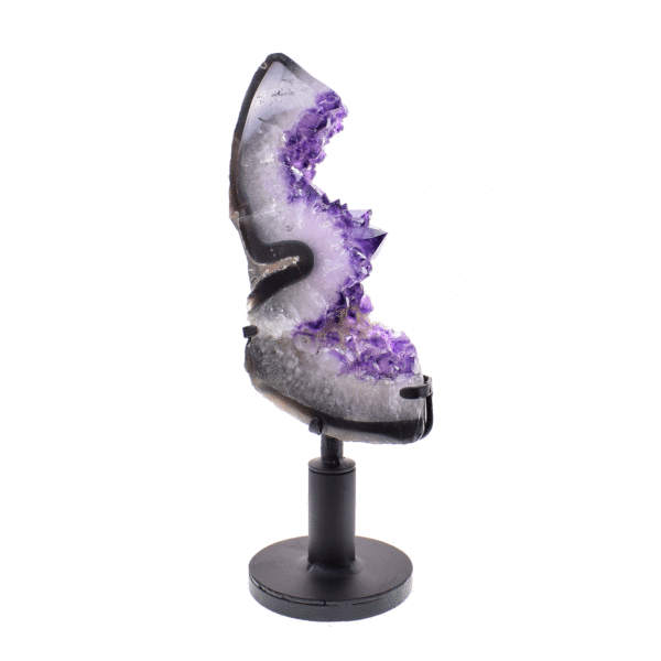 Polished 20cm piece of natural amethyst gemstone. The Amethyst comes with a black, metallic, rotating base.