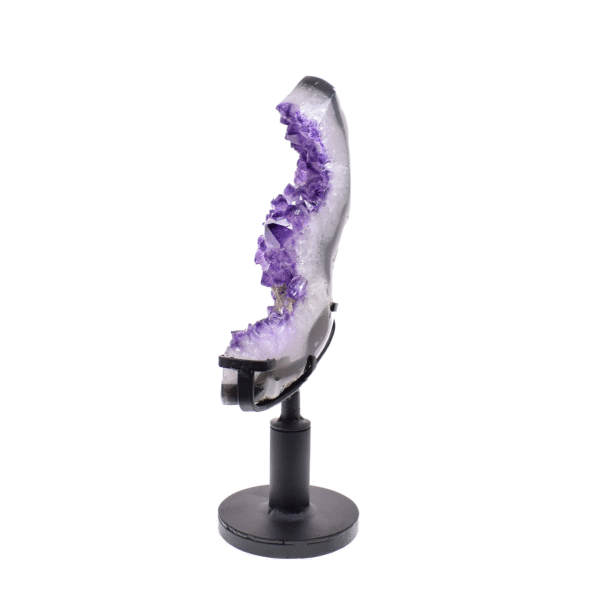 Polished 20cm piece of natural amethyst gemstone. The Amethyst comes with a black, metallic, rotating base.