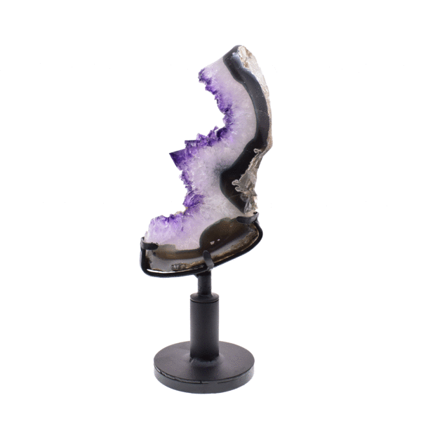 Polished 20cm piece of natural amethyst gemstone. The Amethyst comes with a black, metallic, rotating base.