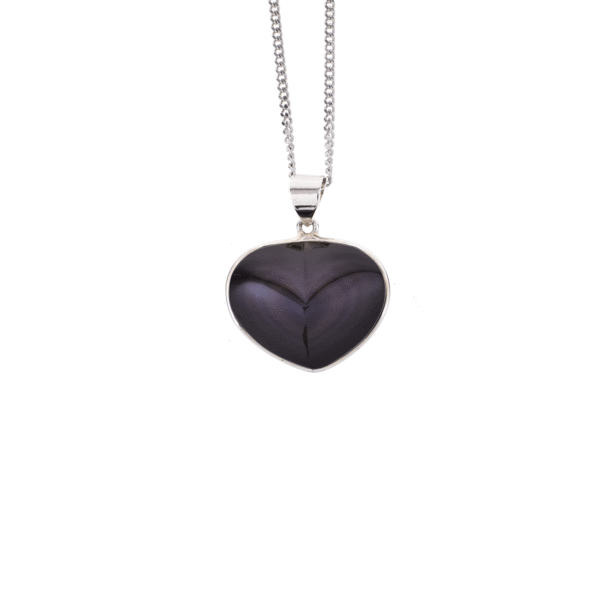 Handmade sterling silver necklace of natural, heart-shaped rainbow obsidian gemstone. 