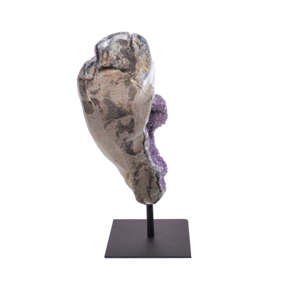 Natural, raw amethyst gemstone, embedded into a black, metallic stand. The product has a height of 20cm.