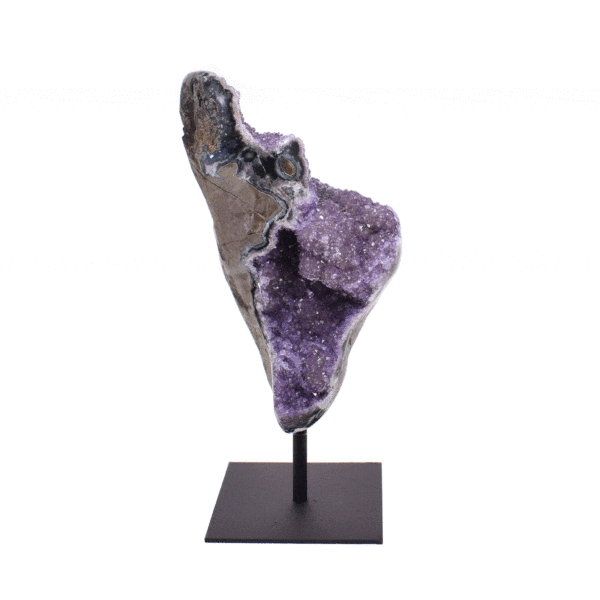 Natural, raw amethyst gemstone, embedded into a black, metallic stand. The product has a height of 20cm.