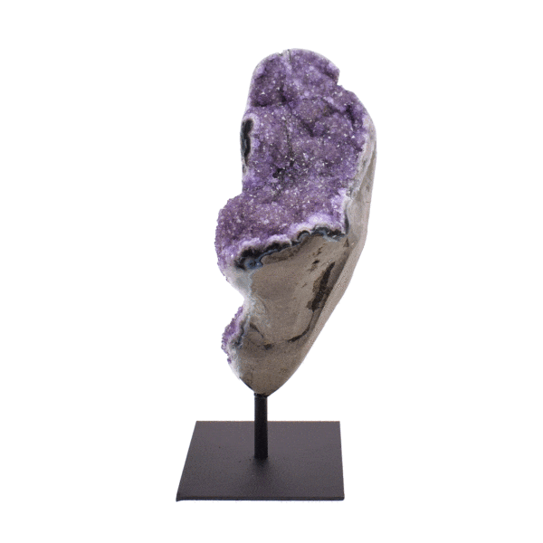 Natural, raw amethyst gemstone, embedded into a black, metallic stand. The product has a height of 20cm.