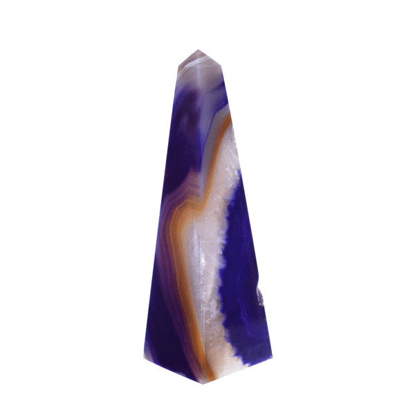 Polished obelisk made from natural Agate gemstone, featuring purple color, with crystal quartz and a height of 13cm.