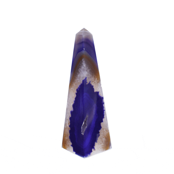 Polished obelisk made from natural Agate gemstone, featuring purple color, with crystal quartz and a height of 13cm.