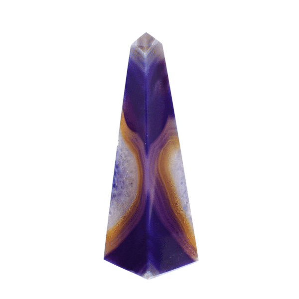 Polished obelisk made from natural Agate gemstone, featuring purple color, with crystal quartz and a height of 13cm.