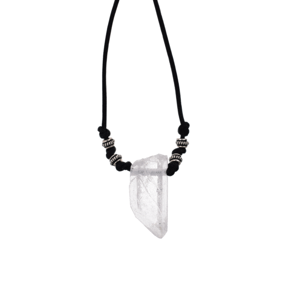 Handmade necklace featuring a natural, crystal quartz gemstone, measuring 59cm in length, threaded on a black leather with sterling silver details.