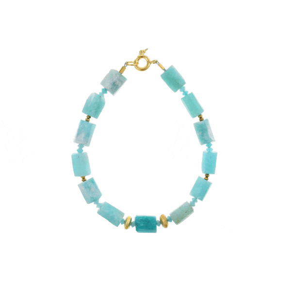Handmade bracelet made of natural, raw amazonite stones in cylindrical shape, decorated with natural pyrite, amazonite and gold-plated sterling silver details.