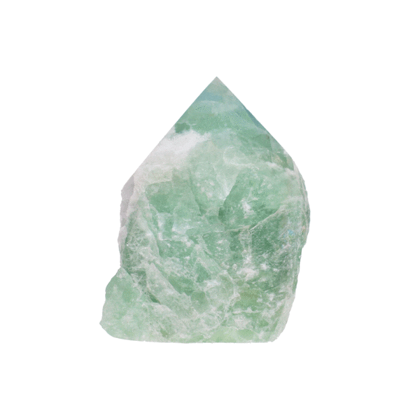 Natural green Fluorite gemstone in a point shape, with a flat cut base and a height of 8cm approximately. This piece features raw sides and a polished point. 