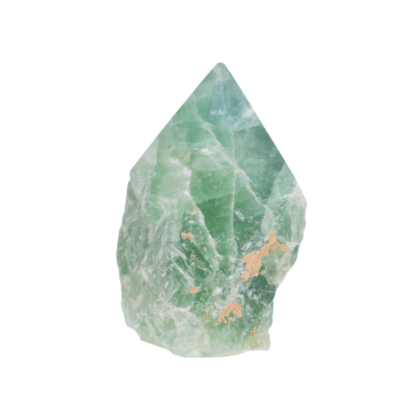 Natural green Fluorite gemstone in a point shape, with a flat cut base and a height of 8cm approximately. This piece features raw sides and a polished point. 