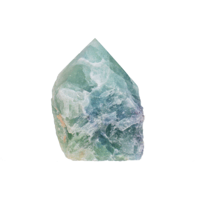 Natural green Fluorite gemstone in a point shape, with a flat cut base and a height of 8cm approximately. This piece features raw sides and a polished point. 