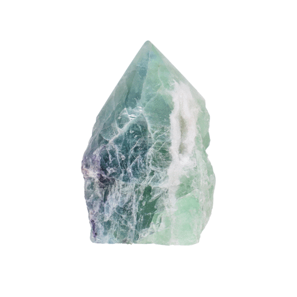 Natural green Fluorite gemstone in a point shape, with a flat cut base and a height of 8cm approximately. This piece features raw sides and a polished point. 